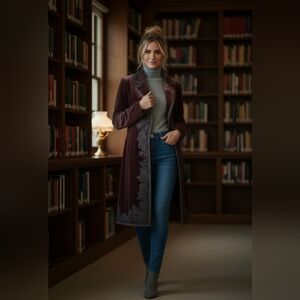 Johnny Was/ Tahari Burgundy Velvet Trench Coat with Detailed black lace.